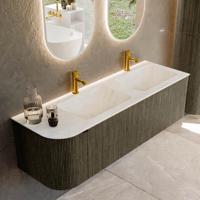 Badmeubel Mondiaz Kurve-Dlux | 145 cm cm | Meubelkleur Shadow | Wastafelkleur Opalo | Solid surface | Dubbel / Rechts spoelbak | 2 kraangaten