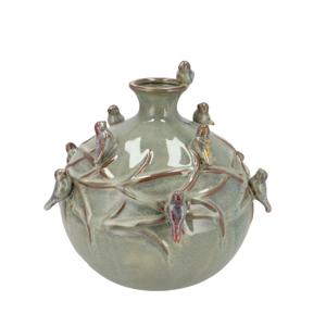 Vaas Spring birds - mosgroen - keramiek - D14 x H14 cm - bloemenvaas