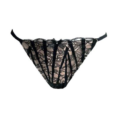 AMBRA lingerie "Black Swan" Tanga bruin/zwart met bandjes en kant
