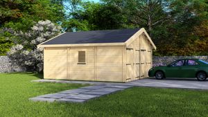 Dubbele garage 44 mm - 595x595 cm - onbehandeld- Zadeldak- Onbehandeld vurenhout- Van Kooten - Van Kooten