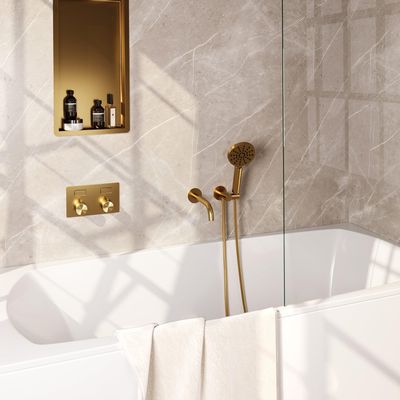BRAUER Gold Edition thermostatische inbouw badkraan - drukknoppen SET 04 - uitloop - 3 standen handdouche - doucheslang - wandaansluitbocht - goud geborsteld PVD 5-GG-211