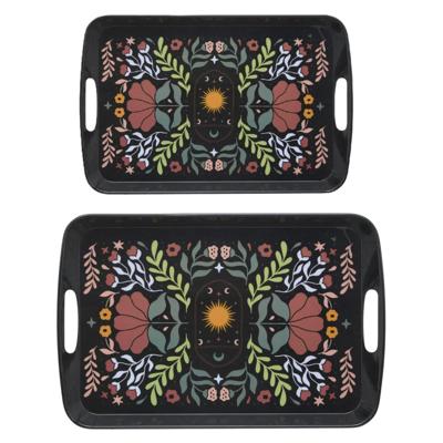 5Five Design dienbladen van melamine - 2x stuks - in 2 maten - flowers print zwart