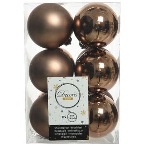 12x stuks kunststof kerstballen walnoot bruin 6 cm glans/mat