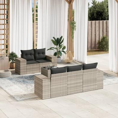 6-delige Loungeset met kussens poly rattan lichtgrijs