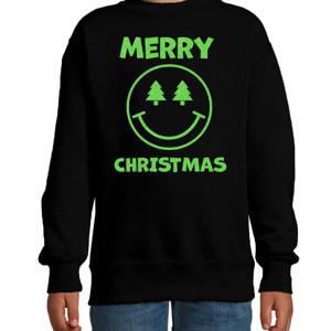 Kersttrui/sweater voor jongens/meisjes - Merry Christmas - zwart - smiley - glitter groen