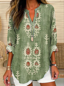 Casual Ethnic Notched Loose Shirt