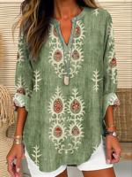 Casual Ethnic Notched Loose Shirt - thumbnail