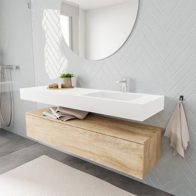 Mondiaz Alan badmeubel 150 cm washed oak 1 lade vrijhangend wastafel rechts 1 kraangat wit
