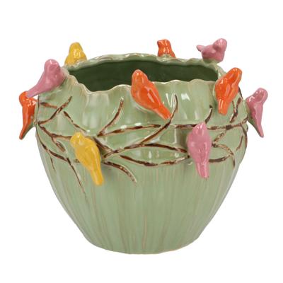 Bloempot/plantenpot Spring birds - pistache groen - keramiek - D19 x H15 cm