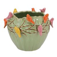Bloempot/plantenpot Spring birds - pistache groen - keramiek - D19 x H15 cm