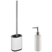 WC-/toiletborstel en houder - wit - met zeeppompje 400 ml - Badkameraccessoireset - thumbnail
