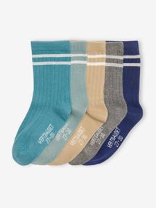 Set van 5 paar gestreepte geribbelde sokken voor jongens marineblauw