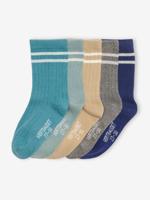 Set van 5 paar gestreepte geribbelde sokken voor jongens marineblauw