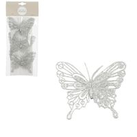 House of Seasons vlinders op clip - 3x stuks - zilver glitter - 10 cm   -