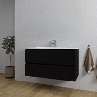 Adema Chaci Badkamermeubelset - 100x46x57cm - 1 ovale keramische wasbak wit - 1 kraangat - 2 lades - mat zwart SW1212776/SW718718
