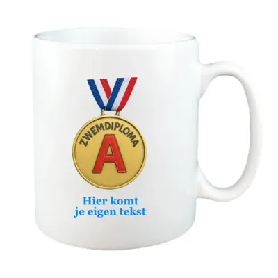 Zwemdiploma A Medaille Mok met Tekst (wit)