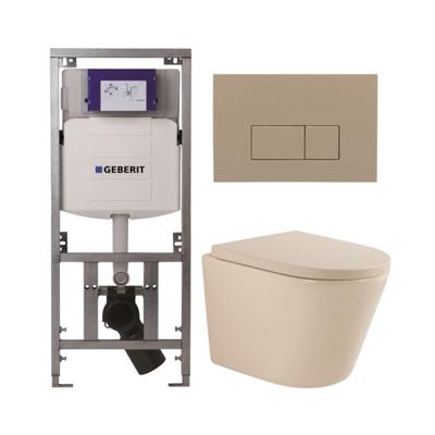QeramiQ Dely Toiletset - 36.3x51.7cm - diepspoel - rimless - Geberit UP320 inbouwreservoir - softclose toilet zitting 35 mm - bedieningsplaat taupe - rechthoekige knoppen - mat beige SW1000764/SW1000771/0701131/SW1102379