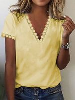 Lace Regular Fit V Neck Casual Short Sleeve T-Shirt - thumbnail