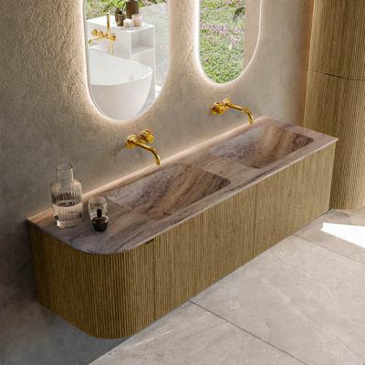 Badmeubel Mondiaz Kurve-Dlux | 155 cm | Meubelkleur Dusk | Wastafelkleur Oza | Solid surface | Dubbel / Rechts spoelbak | Zonder kraangat(en)