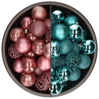 74x stuks kunststof kerstballen mix van velvet roze en turquoise blauw 6 cm - Kerstbal - thumbnail