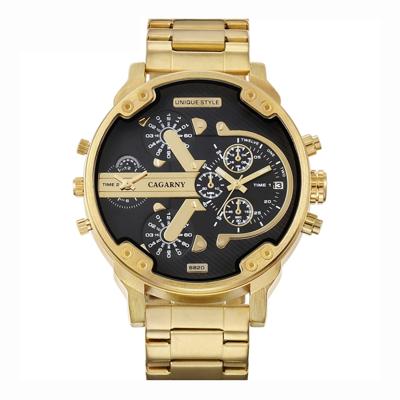CAGARNY 6820 modieuze Business stijl grote Dial kalender Display mannen Quartz dubbele beweging horloge met stalen Band (goud + zwart)