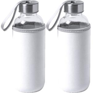 Waterfles/drinkfles Bidon - 4x - met softshell bescherm hoes - wit - glas - 420 ml - Sportfles