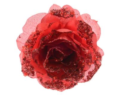 Roos op clip met glitters 14 cm kerstrood