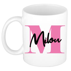 Naam mok Milou - roze - wit - keramiek - 300 ml - verjaardag/cadeau beker