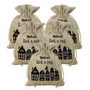 Mini Sinterklaas jute cadeauzak Welkom Sint en Piet - Pakket van 10x stuks - Strooizak met koord - 1