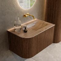 Badmeubel Mondiaz Kurve-Dlux | 75 cm | Meubelkleur Walnut | Wastafelkleur Arena | Solid surface | Wasbak rechter zijde spoelbak | Zonder kraangat(en)