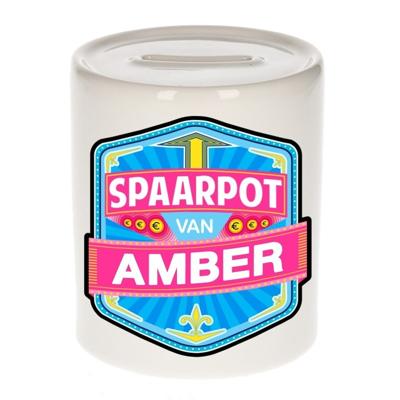 Kinder spaarpot met naam - Amber - keramiek - met dop - wit - Sparen - Spaargeld van Amber