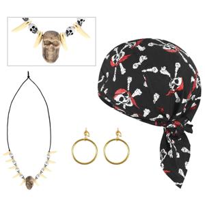 Verkleed set Piraat - gouden oorbellen - skulls piraten ketting - bandana zwart - Volwassenen