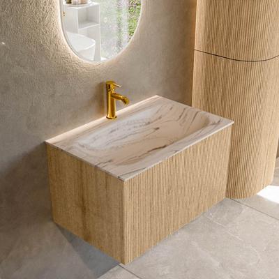 Badmeubel Mondiaz Kurve-Dlux | 70 cm | Meubelkleur Oak | Wastafelkleur Nata | Solid surface | Wasbak midden spoelbak | 1 kraangat