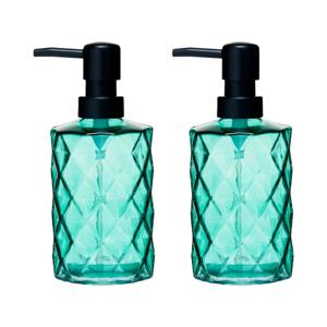 Luxe zeeppompje/dispenser Diamond - 2x - groen transparant - glas - 18 x 7 cm - 410 ml