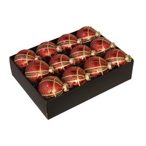 12x Luxe glazen gedecoreerde ruitjes kerstballen rood 7,5 cm