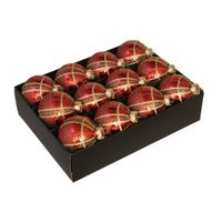 12x Luxe glazen gedecoreerde ruitjes kerstballen rood 7,5 cm - thumbnail