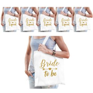 Vrijgezellenfeest dames tasjes/ goodiebag pakket: 1x Bride to Be wit+ 9x Bride Squad wit