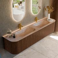 Badmeubel Mondiaz Kurve-Dlux | 200 cm | Meubelkleur Walnut | Wastafelkleur Saba | Solid surface | Wasbak beide zijden spoelbak | 2 kraangaten