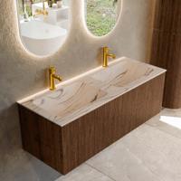 Badmeubel Mondiaz Kurve-Dlux | 120 cm | Meubelkleur Walnut | Wastafelkleur Nata | Solid surface | Wasbak beide zijden spoelbak | 2 kraangaten