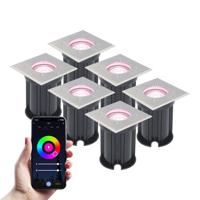 Set van 6 Smart Grondspots buiten - Vierkant - 5,5 Watt 345 lumen - RGBWW - Wifi + Bluetooth - Bestuurbaar via app - IP65 - Google Home, Amazon Alexa en Siri - RVS