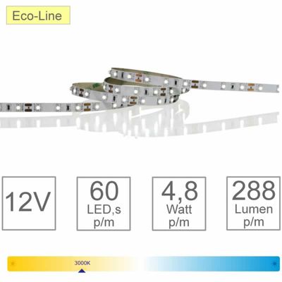 LED Strip warm wit 3000K 5 meter 3000K dimbaar 60 LED's p/m 12V 4.8W p/m CRI >90 Tronix 127-008