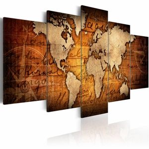 Schilderij - Amber Map, wereldkaart , bruin  roest kleur, 5 luik
