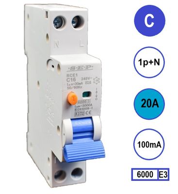 Aardlekautomaat 20A C KAR 100mA 2 polig 18mm breed Kema Keur 230V automaat en aardlek in een module