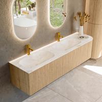 Mondiaz KURVE-DLUX 175 cm Onderkast Greeploos 2 Lades Met Deuren Oak, Wastafel Solid Surface Links Frappe 2 Kraangaten Zonder Spiegel (KRVSTS175R2L1D2KD-Oak/Fra)