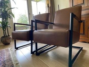Set van 2 leren fauteuils met sledepoot - bruin leer - Echt leer, Industrieel, ontdek de vele Leersoorten en Kleuren bij ShopX