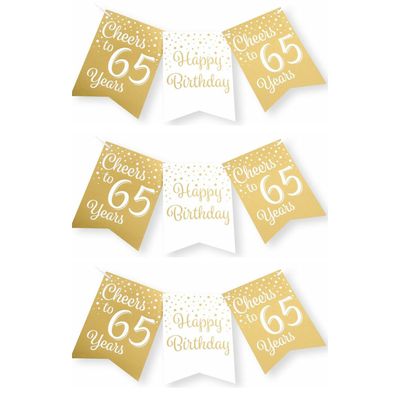 Verjaardag vlaggenlijn 65 jaar - 3x - binnen - karton - wit/goud - 600 cm Verjaardag vlaggenlijn 65 jaar - 3x - binnen - karton - wit/goud - 600 cm