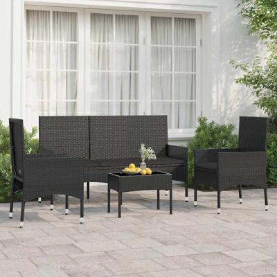 4-delige Loungeset met kussens poly rattan zwart
