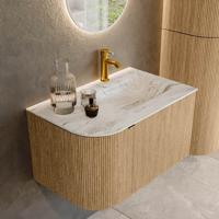 Badmeubel Mondiaz Kurve-Dlux | 75 cm | Meubelkleur Oak | Wastafelkleur Glace | Solid surface | Rechts spoelbak | 1 kraangat