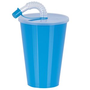Drinkbeker met deksel en rietje - blauw - kunststof - 450 ml - 12 x 9 cm