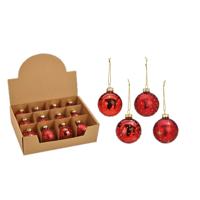 Kerstballen set - 12x stuks - glas - rood - gedecoreerde kerstballen - 6 cm - kerstversiering